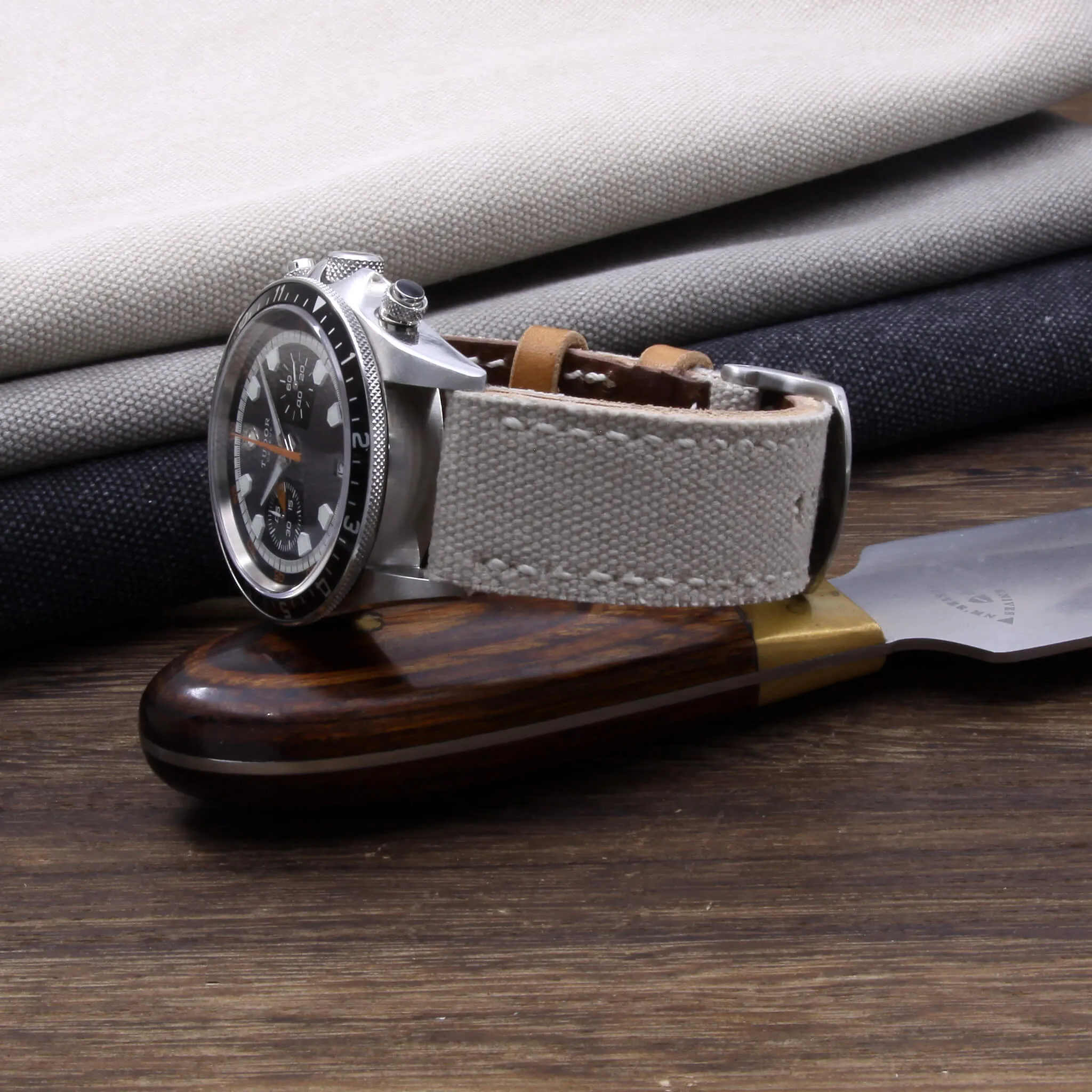 Leather Watch Strap, Beige Canvas | Full Stitch