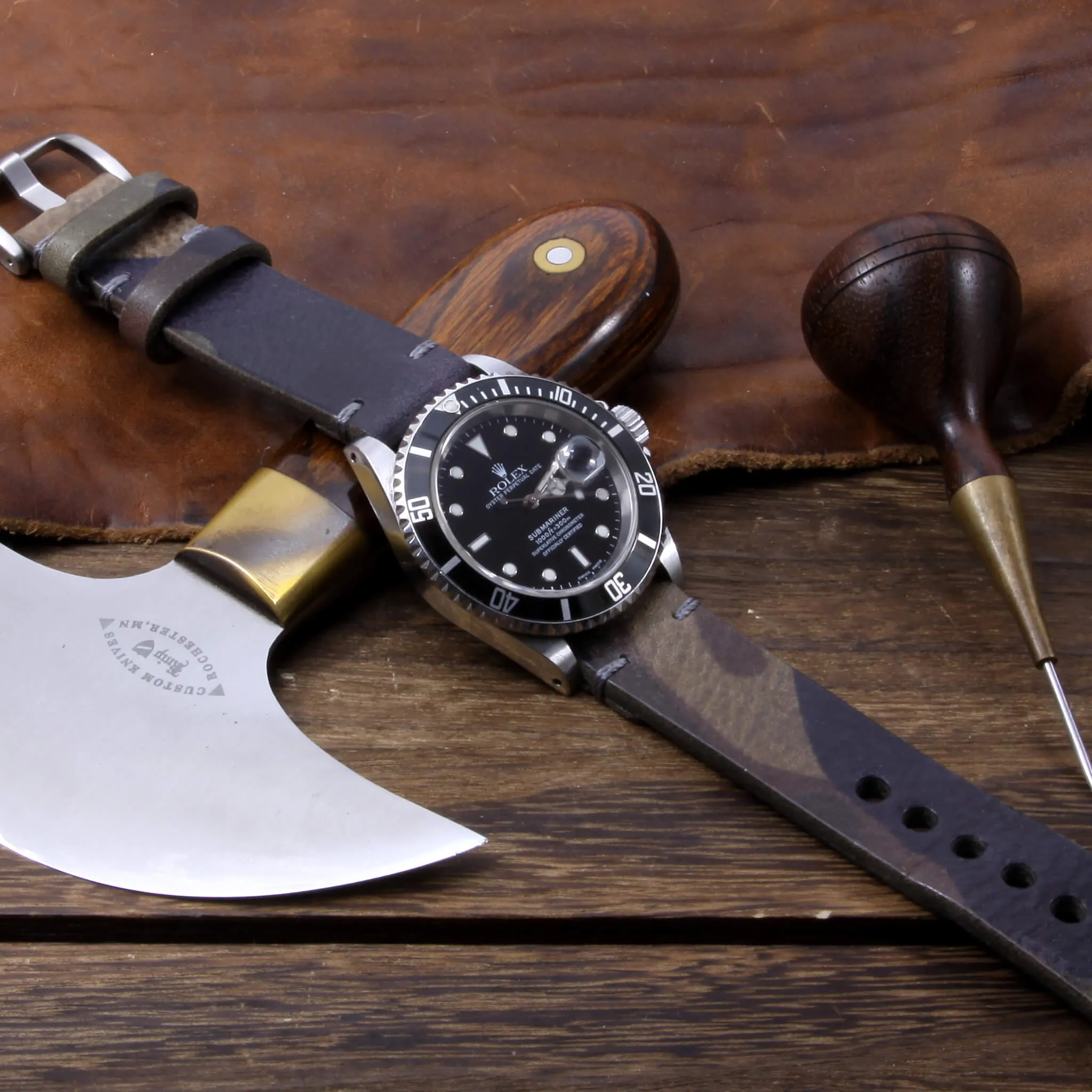 Leather Watch Strap, Camo Grigio