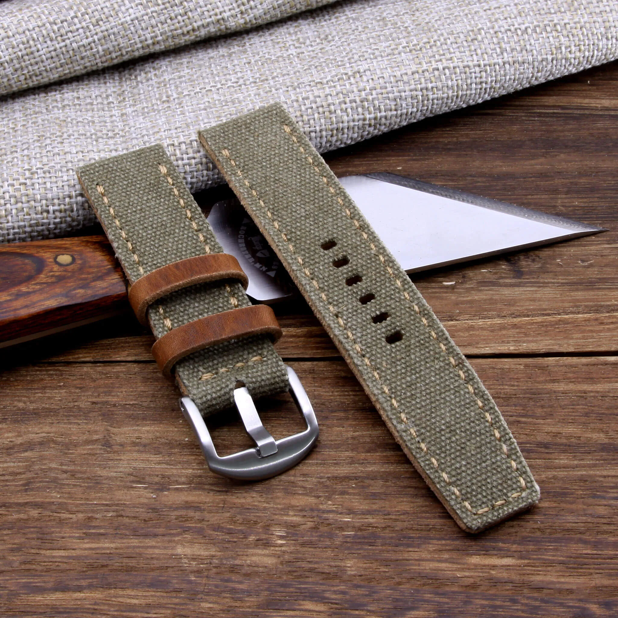 Leather Watch Strap, Military Green Canvas | Full Stitch