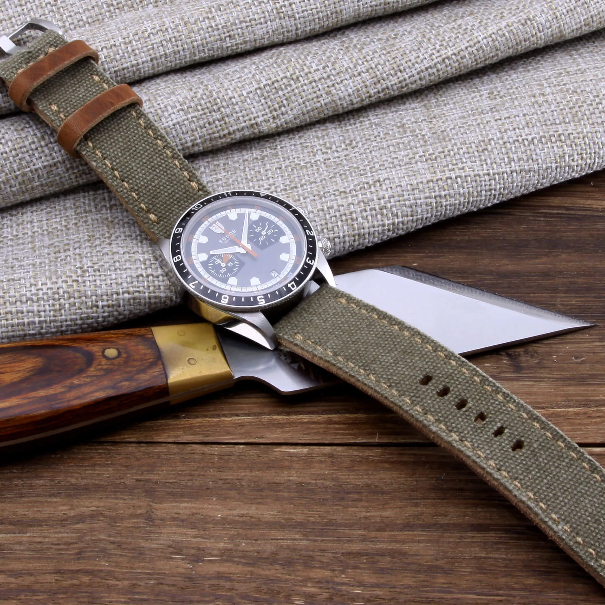 Leather Watch Strap, Military Green Canvas | Full Stitch