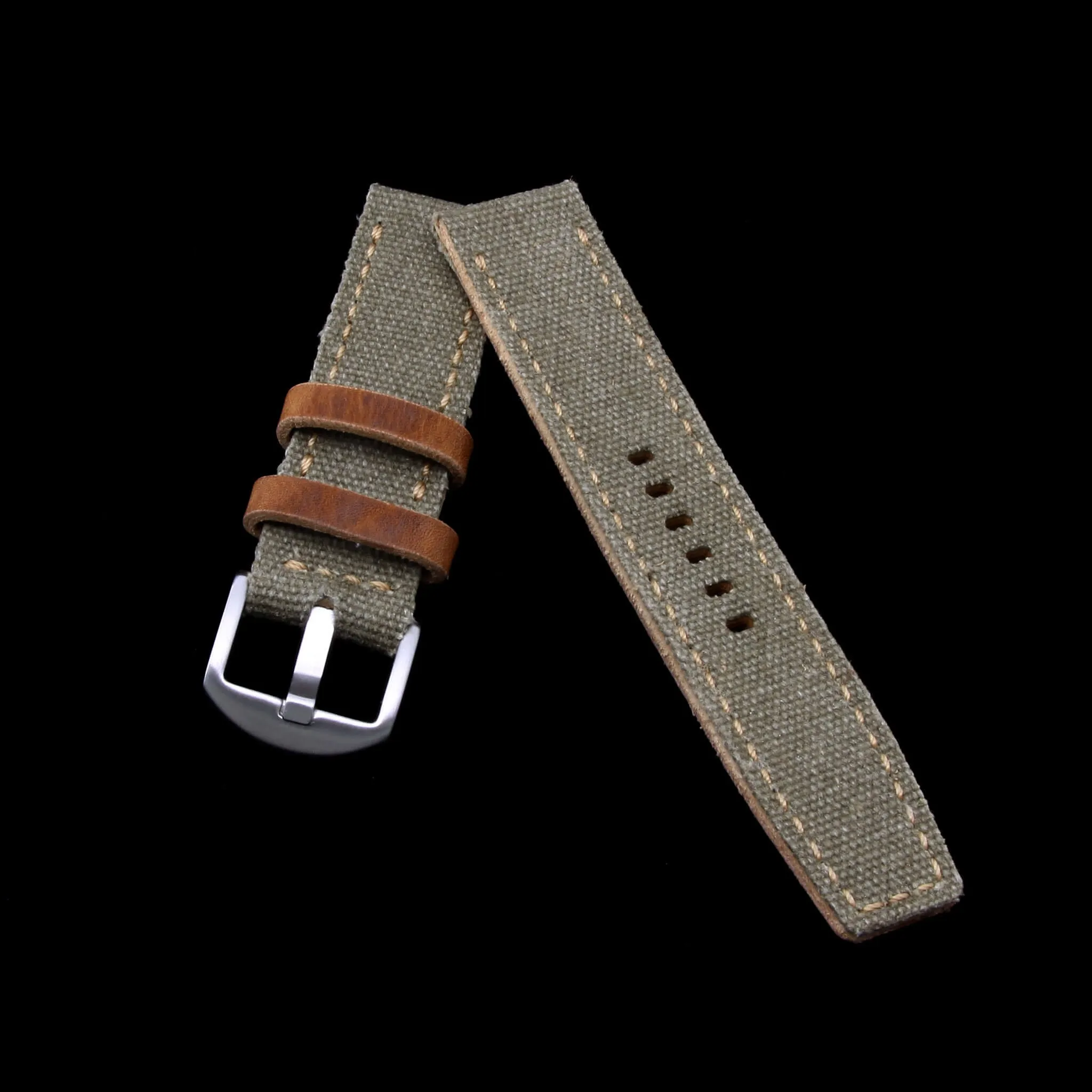 Leather Watch Strap, Military Green Canvas | Full Stitch