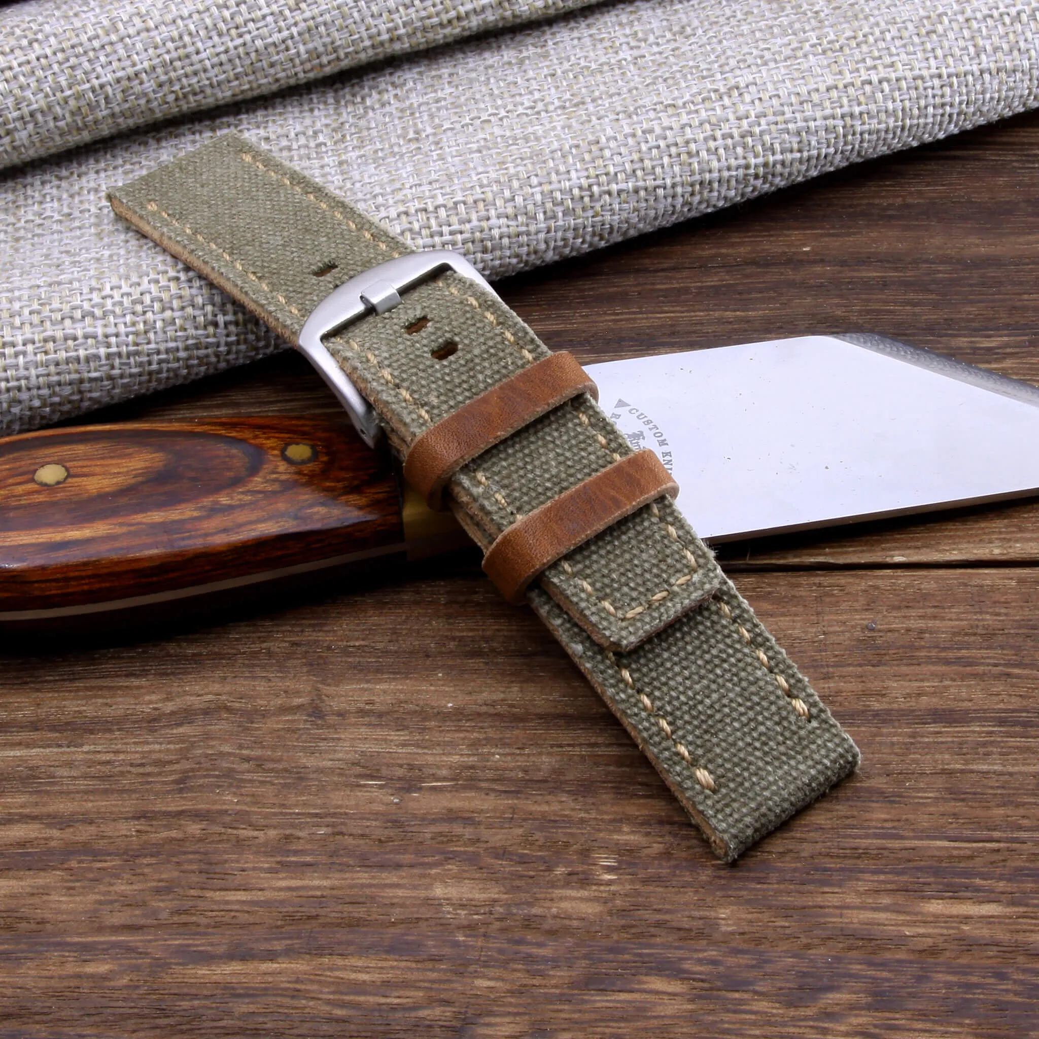 Leather Watch Strap, Military Green Canvas | Full Stitch