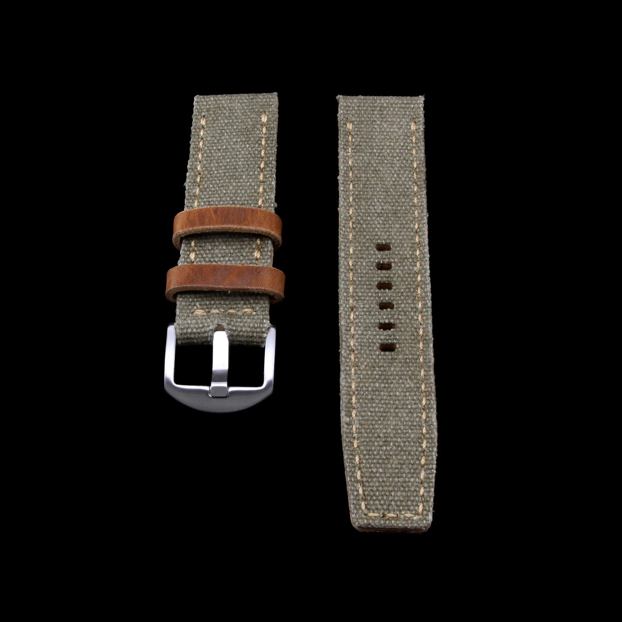 Leather Watch Strap, Military Green Canvas | Full Stitch
