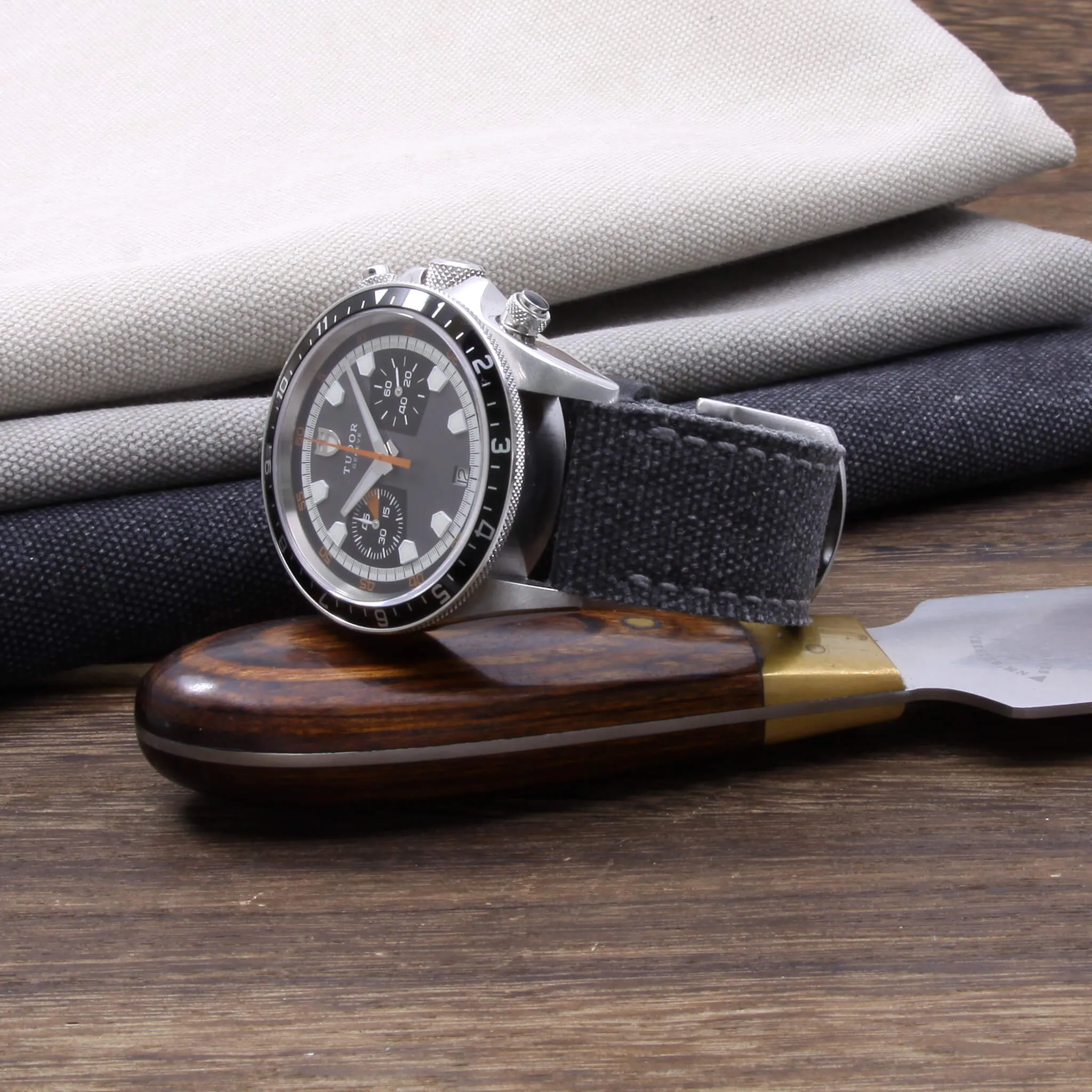 Leather Watch Strap, Stone Washed Black Canvas | Full Stitch