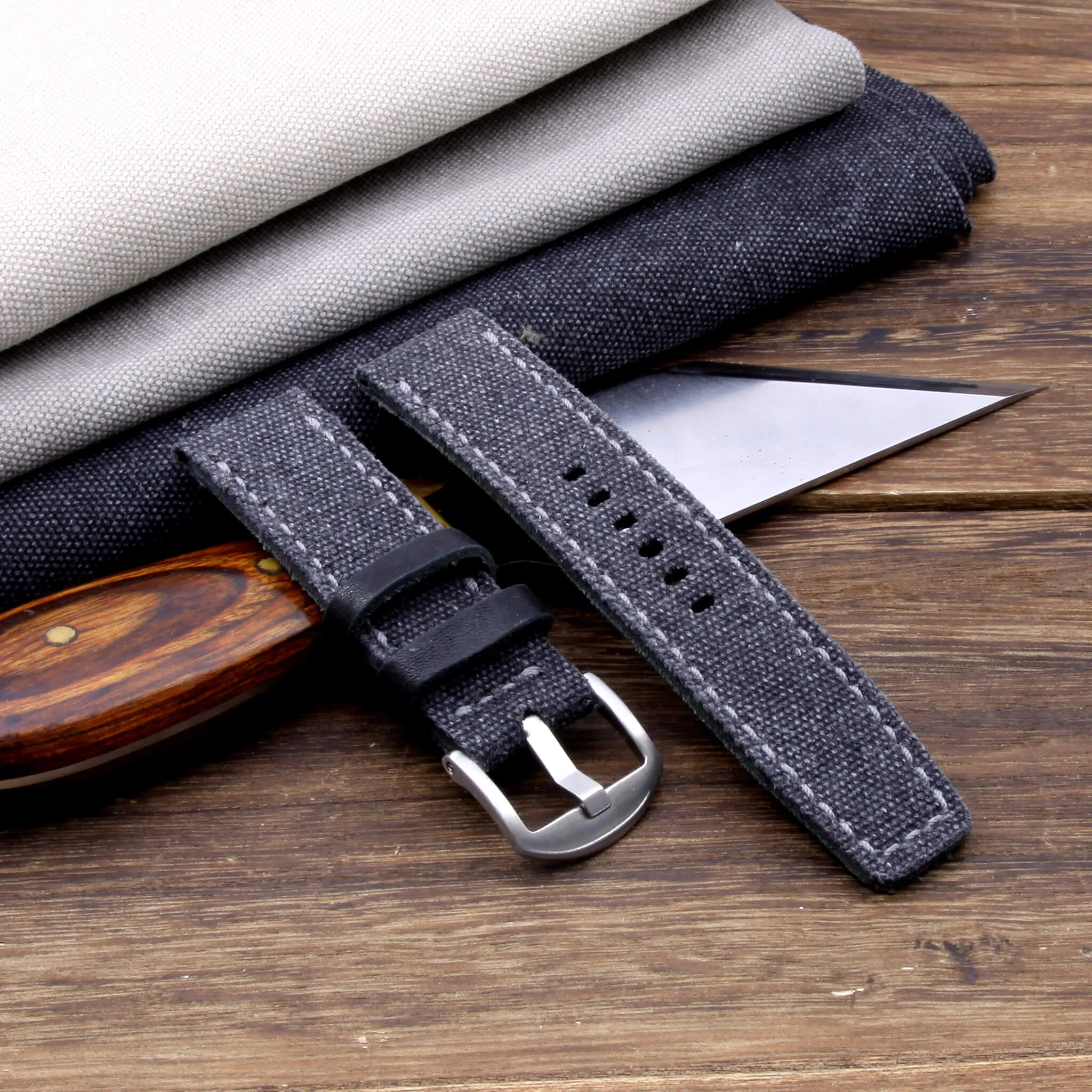 Leather Watch Strap, Stone Washed Black Canvas | Full Stitch
