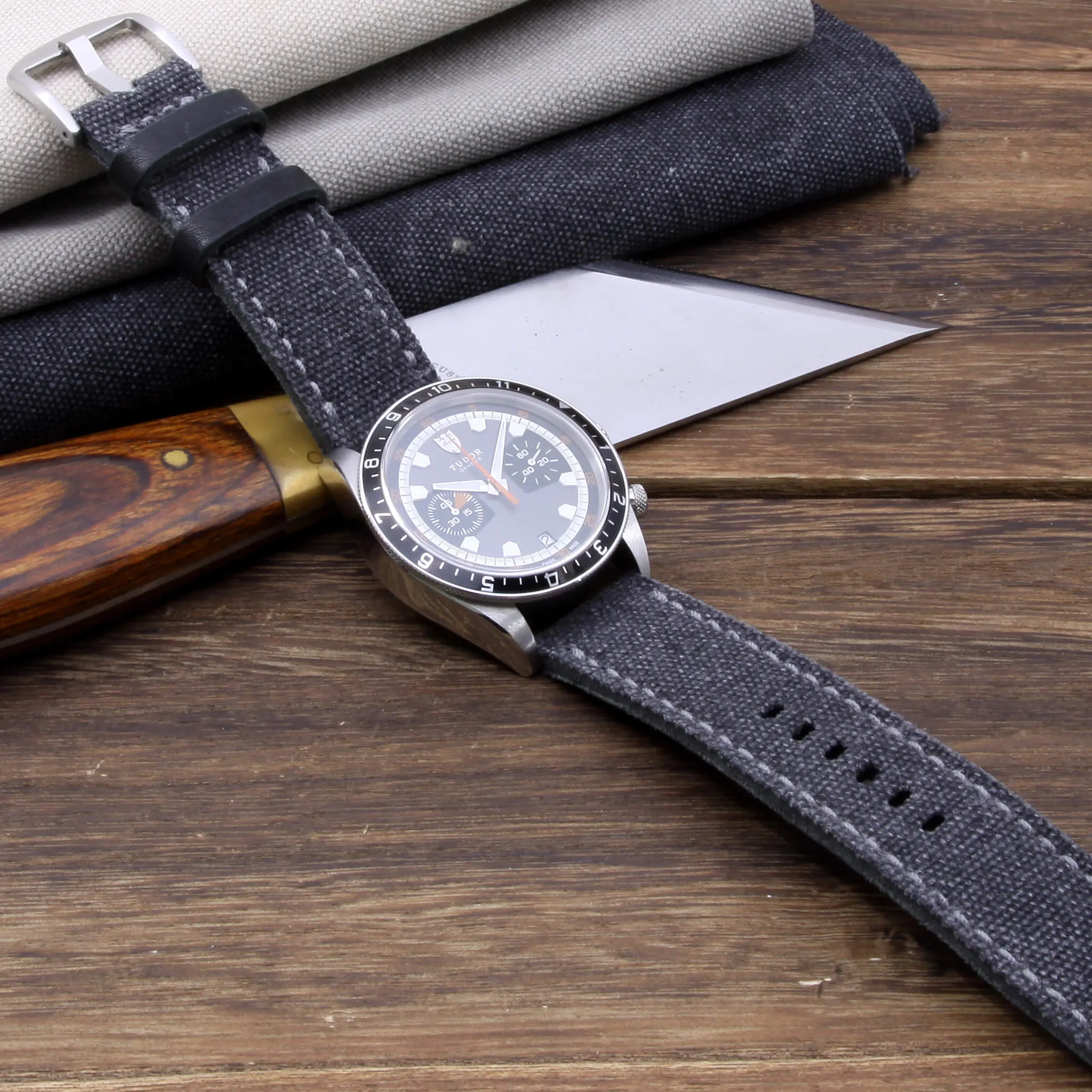 Leather Watch Strap, Stone Washed Black Canvas | Full Stitch