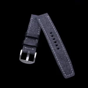 Leather Watch Strap, Stone Washed Black Canvas | Full Stitch