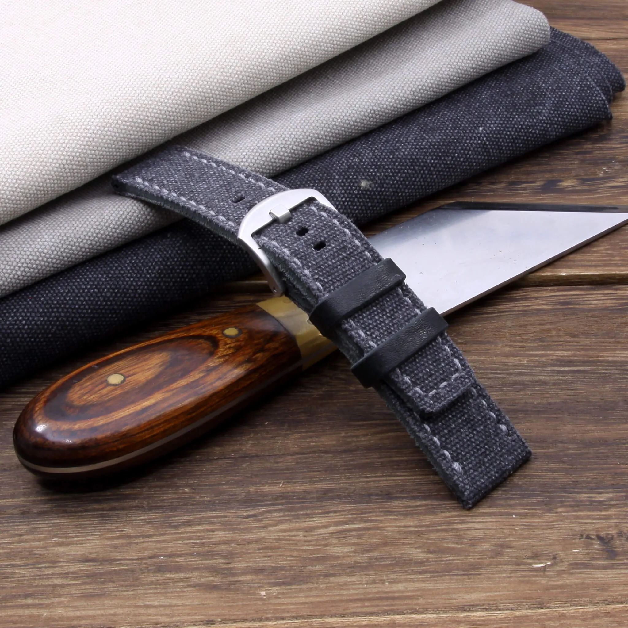 Leather Watch Strap, Stone Washed Black Canvas | Full Stitch