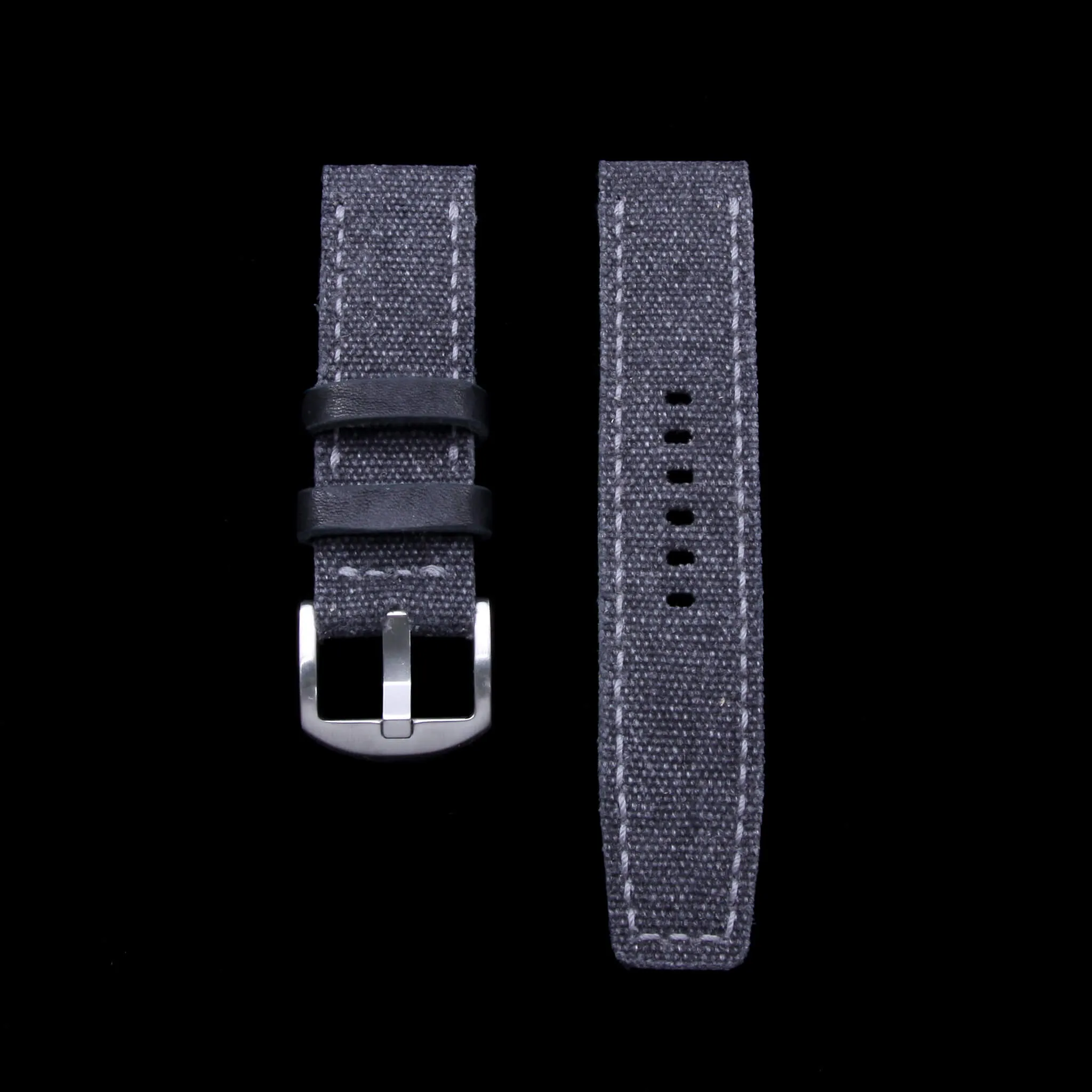 Leather Watch Strap, Stone Washed Black Canvas | Full Stitch