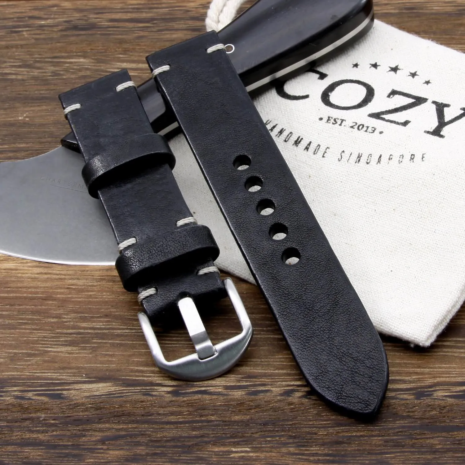 Leather Watch Strap, Vintage Nero (Black)