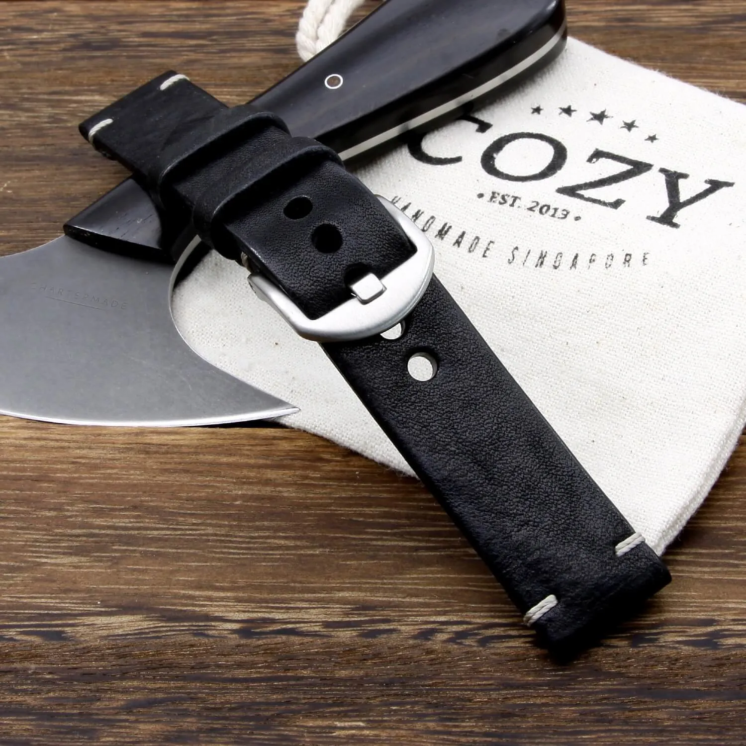 Leather Watch Strap, Vintage Nero (Black)