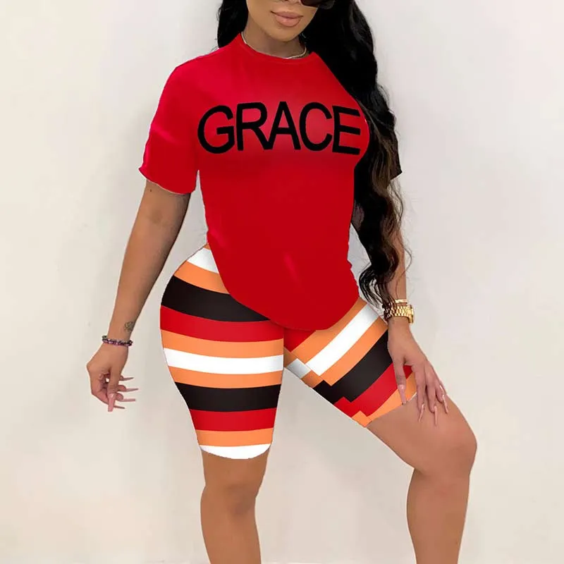 Letter Print Short Sleeve Striped Two Piece Shorts Set