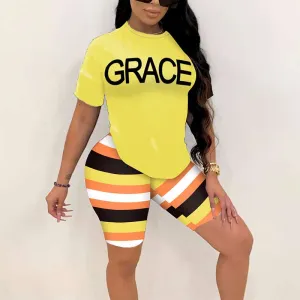 Letter Print Short Sleeve Striped Two Piece Shorts Set