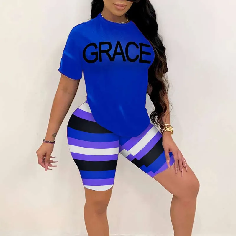 Letter Print Short Sleeve Striped Two Piece Shorts Set