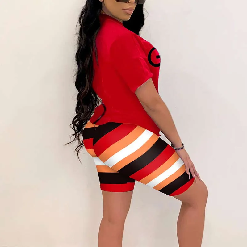 Letter Print Short Sleeve Striped Two Piece Shorts Set