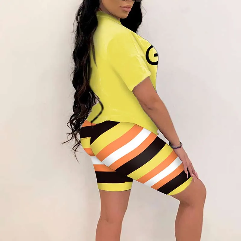 Letter Print Short Sleeve Striped Two Piece Shorts Set