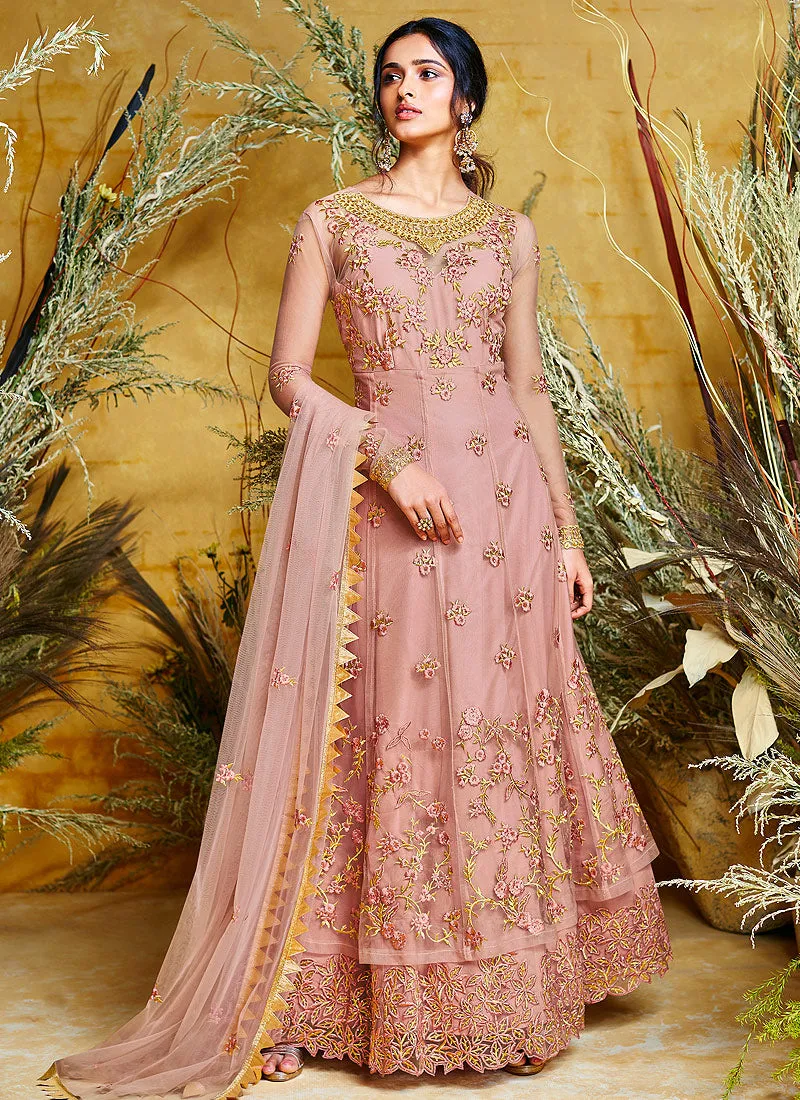 Light Pink Traditional Motif Embroidered Layered Bridal Anarkali Suit