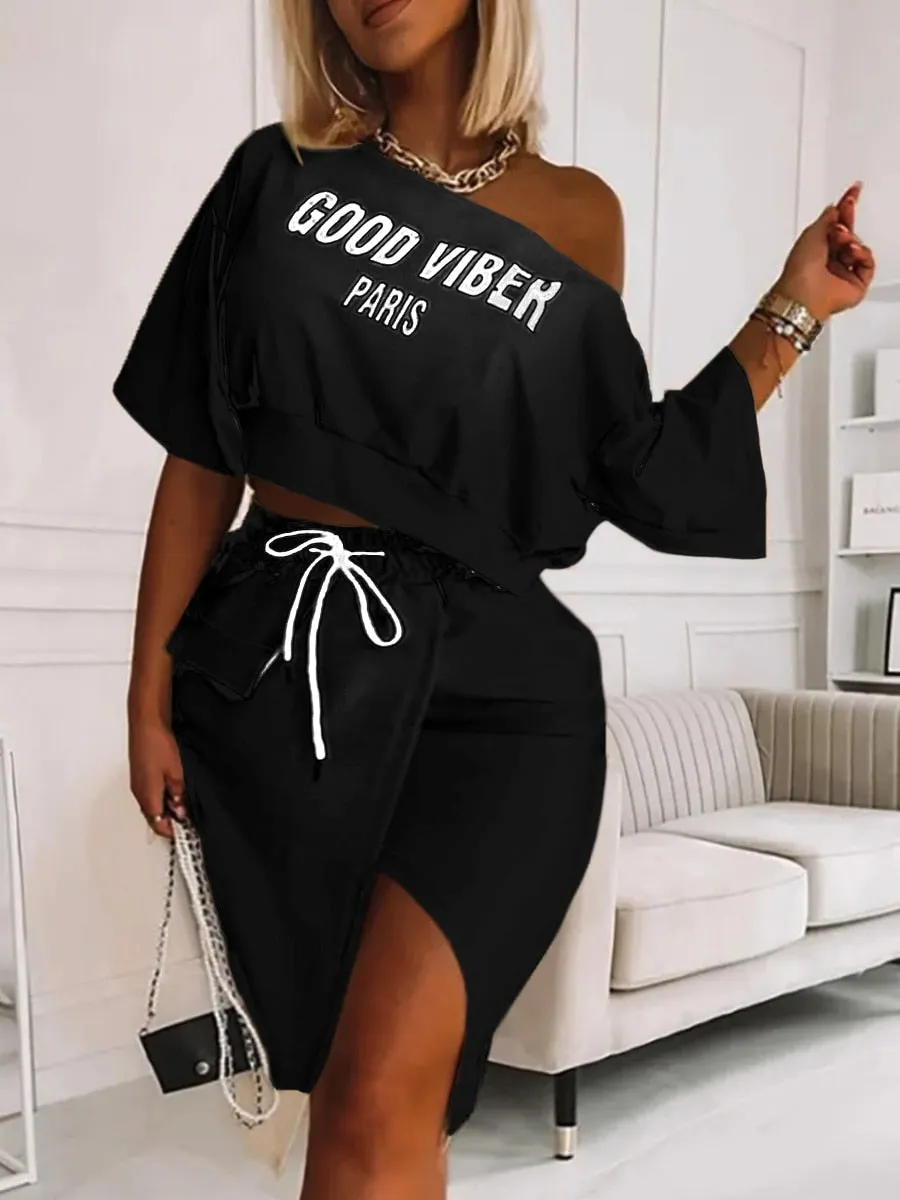 LW Plus Size Two Piece Letter Print Striped Skirt Set Fashion Casual Oblique Bateau Collar Summer Tops Bottoms Matching Outfits
