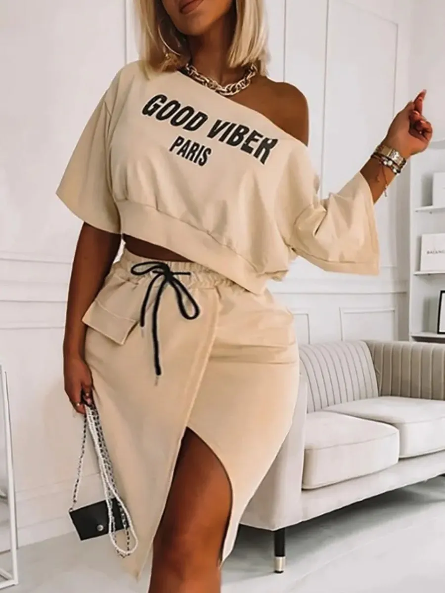 LW Plus Size Two Piece Letter Print Striped Skirt Set Fashion Casual Oblique Bateau Collar Summer Tops Bottoms Matching Outfits