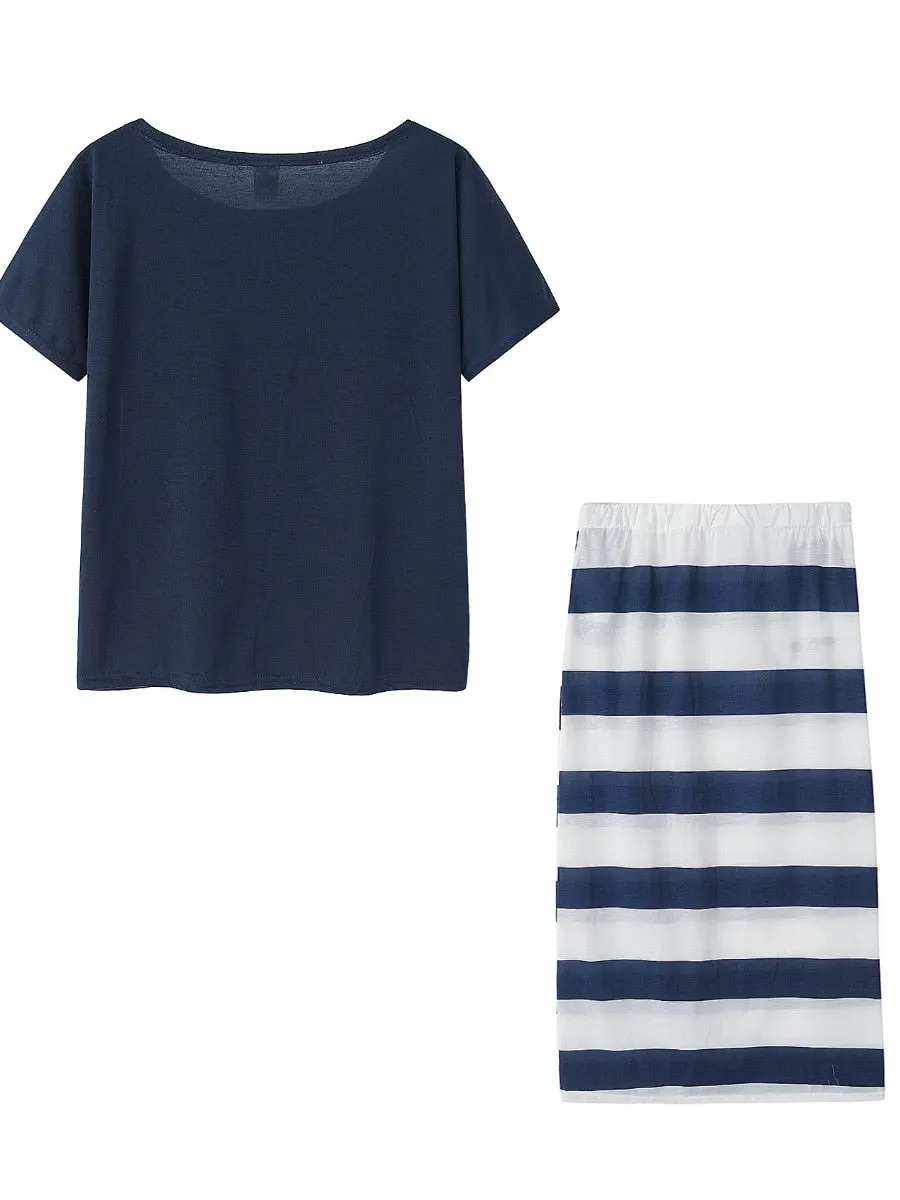 LW Plus Size Two Piece Letter Print Striped Skirt Set Fashion Casual Oblique Bateau Collar Summer Tops Bottoms Matching Outfits