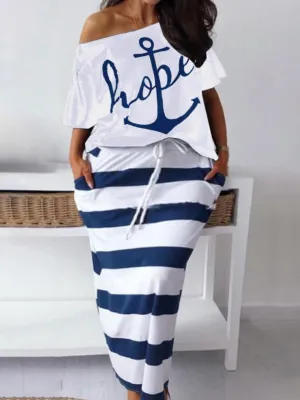 LW Plus Size Two Piece Letter Print Striped Skirt Set Fashion Casual Oblique Bateau Collar Summer Tops Bottoms Matching Outfits
