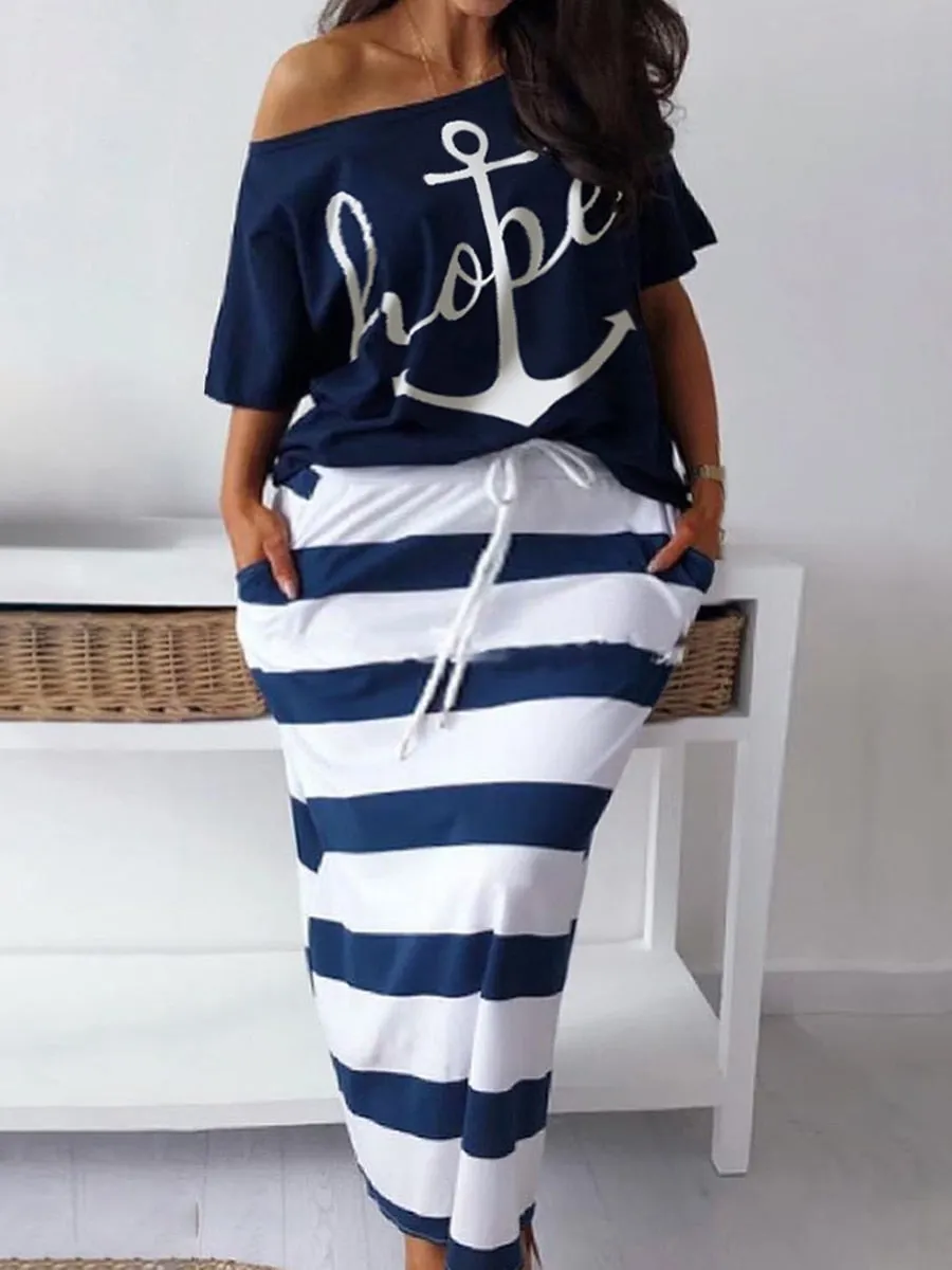 LW Plus Size Two Piece Letter Print Striped Skirt Set Fashion Casual Oblique Bateau Collar Summer Tops Bottoms Matching Outfits