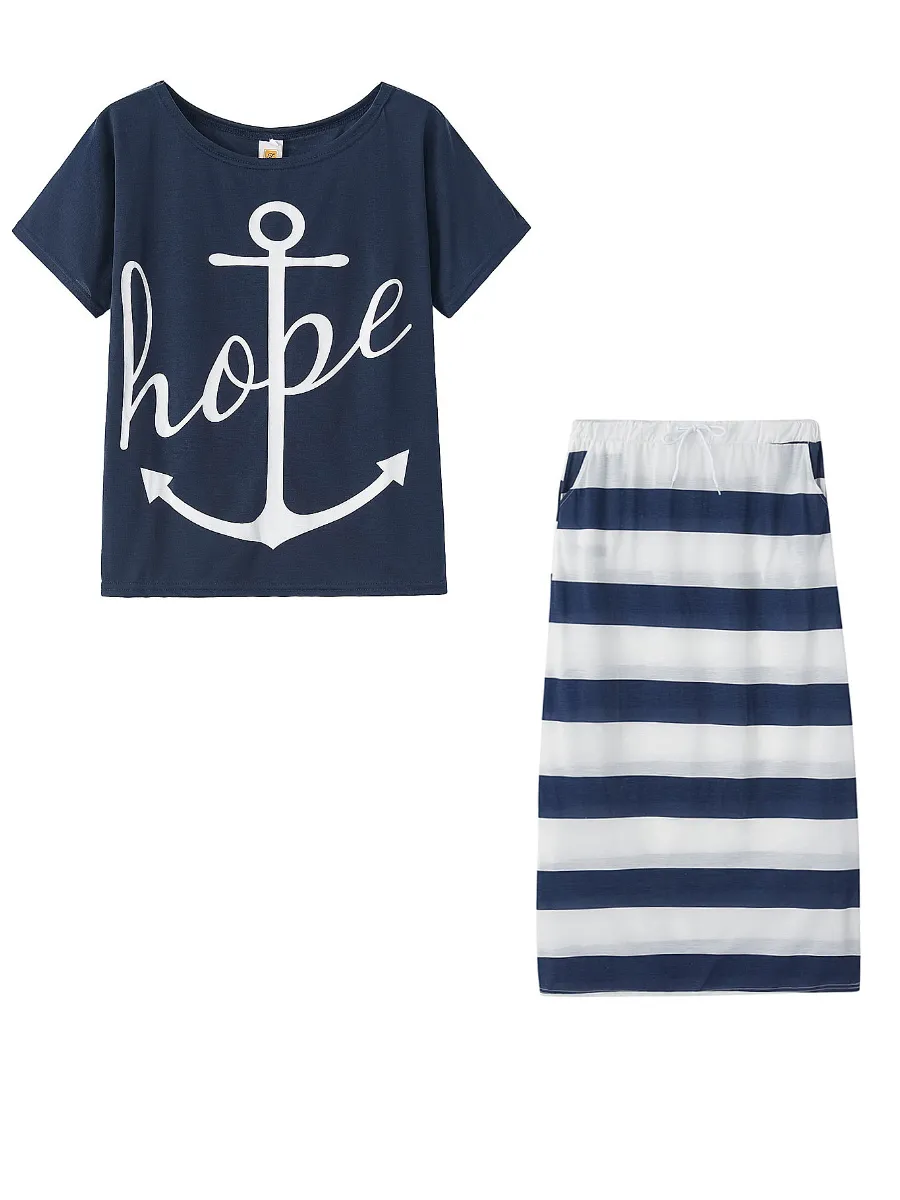 LW Plus Size Two Piece Letter Print Striped Skirt Set Fashion Casual Oblique Bateau Collar Summer Tops Bottoms Matching Outfits