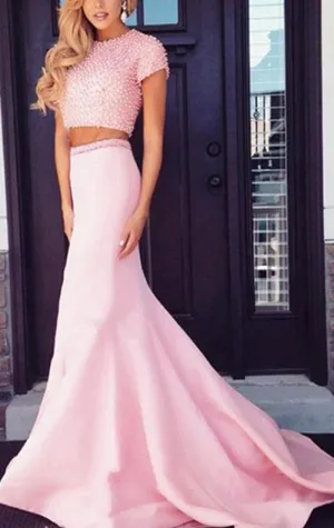 MACloth Cap Sleeves Mermaid 2 Piece Prom Dress Pink Formal Evening Gown