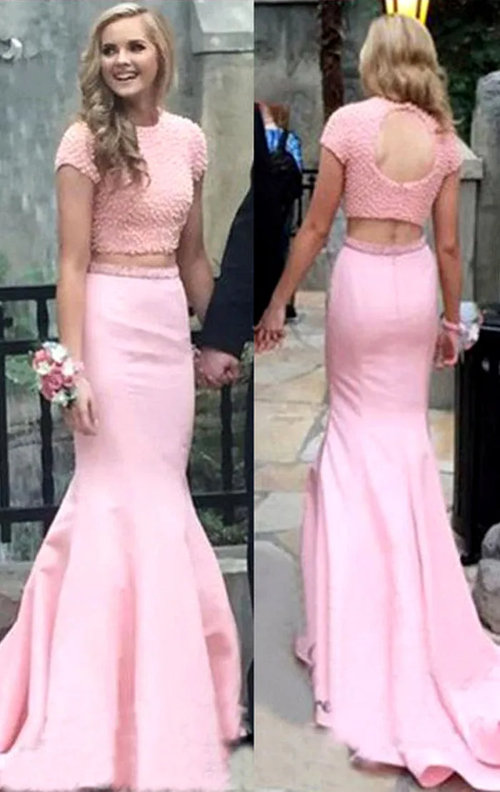 MACloth Cap Sleeves Mermaid 2 Piece Prom Dress Pink Formal Evening Gown