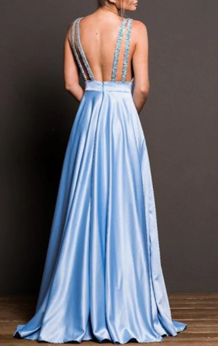 MACloth Deep V Neck Satin Long Prom Dress Sky Blue Formal Evening Gown