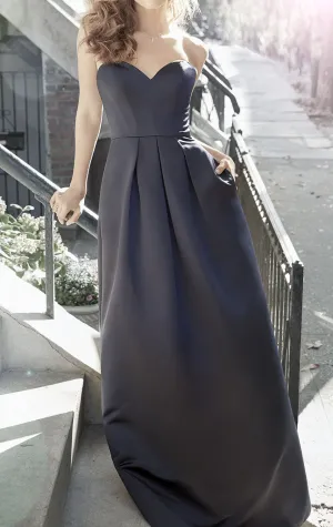 MACloth Elegant Strapless Long Bridesmaid Dress Dark Navy Satin Wedding Party Formal Gown