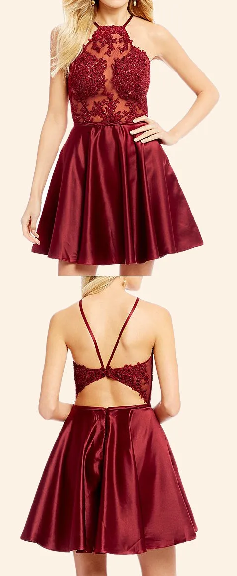 MACloth Halter Lace Satin Mini Prom Homecoming Dress Burgundy Formal Gown