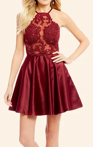 MACloth Halter Lace Satin Mini Prom Homecoming Dress Burgundy Formal Gown