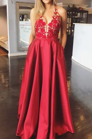 MACloth Halter V Neck Lace Satin Long Prom Dress Red Formal Evening Gown
