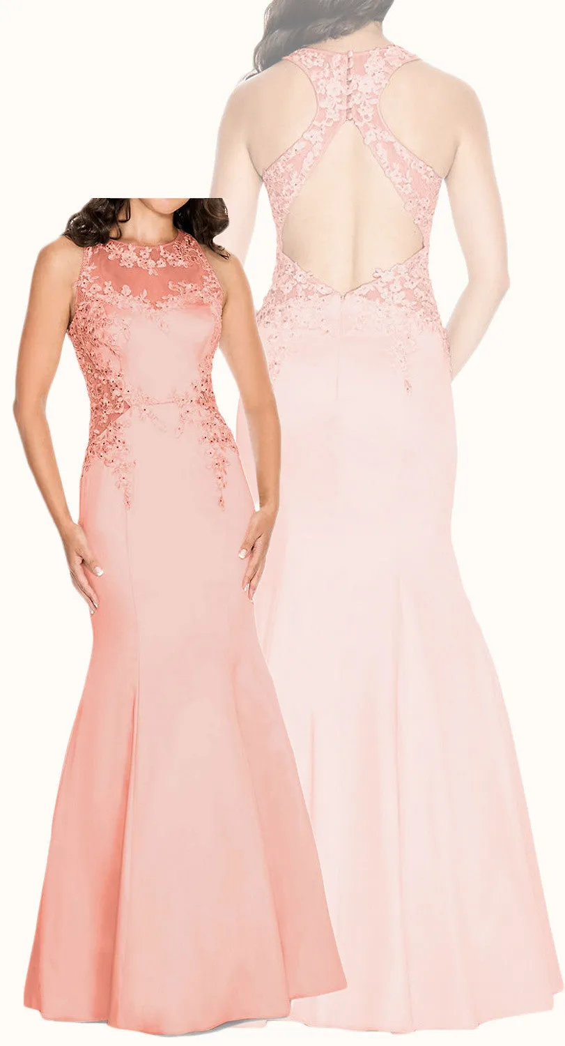 MACloth Mermaid High Neck Lace Satin Prom Dress Blush Pink Formal Evening Gown