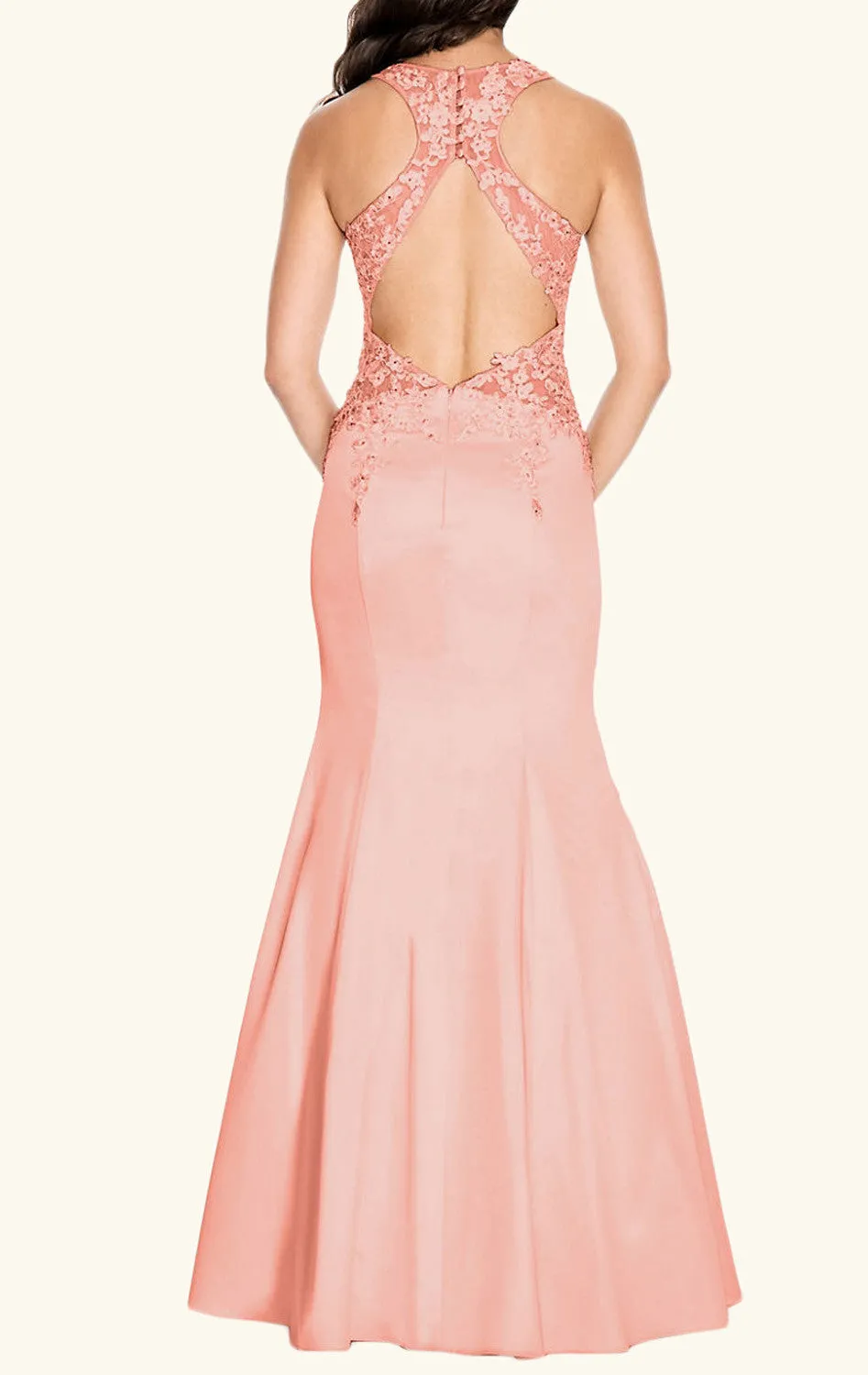 MACloth Mermaid High Neck Lace Satin Prom Dress Blush Pink Formal Evening Gown