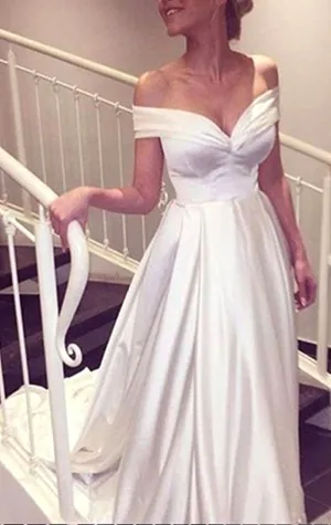 MACloth Off the Shoulder Long Satin Prom Dress Ivory Formal Evening Gown 10725