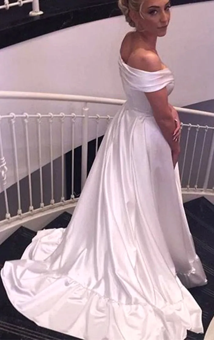 MACloth Off the Shoulder Long Satin Prom Dress Ivory Formal Evening Gown 10725