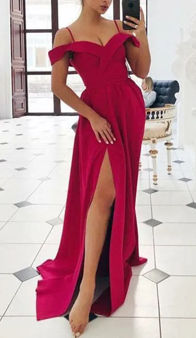MACloth Off the Shoulder Pink Long Prom Dress Satin Formal Evening Gown