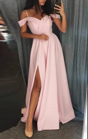 MACloth Off the Shoulder Pink Long Prom Dress Satin Formal Evening Gown