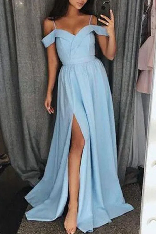 MACloth Off the Shoulder Pink Long Prom Dress Satin Formal Evening Gown