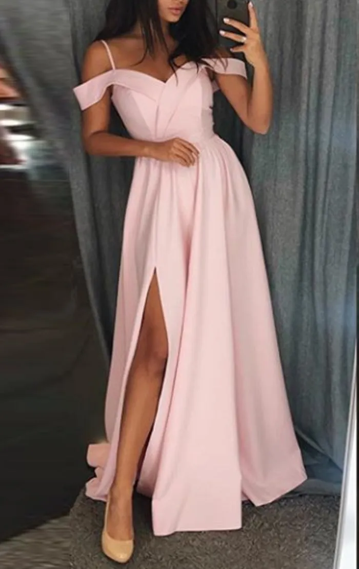 MACloth Off the Shoulder Pink Long Prom Dress Satin Formal Evening Gown