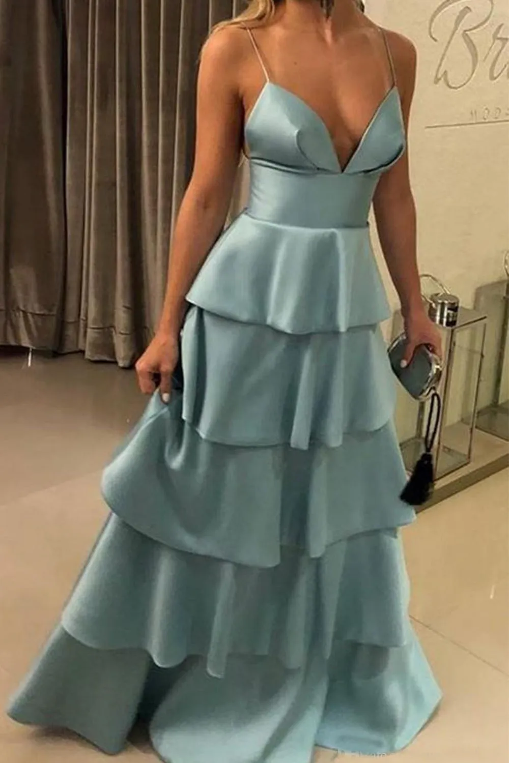 MACloth Spaghetti Straps V Neck Tiered Long Prom Dress Dark Navy Formal Evening Gown