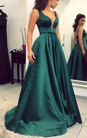 MACloth Straps Deep V Neck Satin Long Prom Dress Dark Green Formal Evening Gown