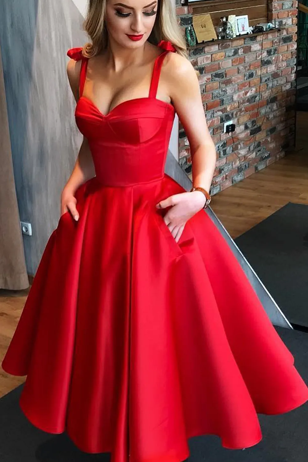 MACloth Straps Sweetheart Midi Prom Homecoming Dress Red Formal Evening Gown