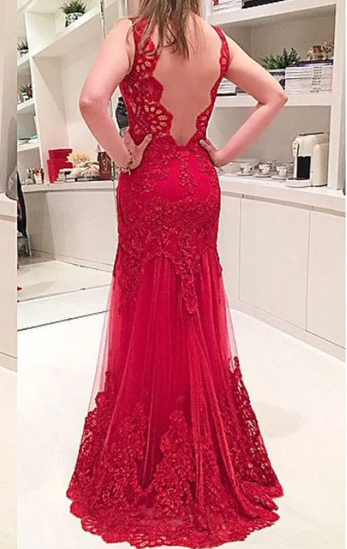 MACloth Straps V Neck Lace Open Back Long Prom Dress Red Formal Gown