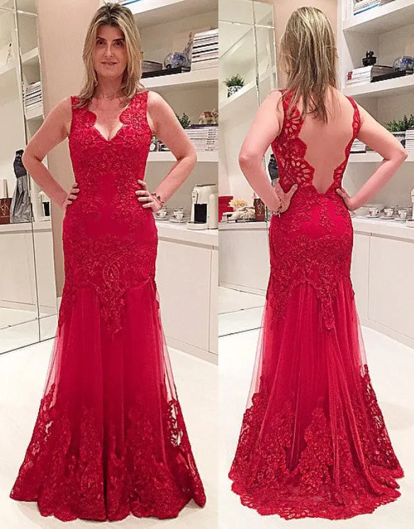MACloth Straps V Neck Lace Open Back Long Prom Dress Red Formal Gown