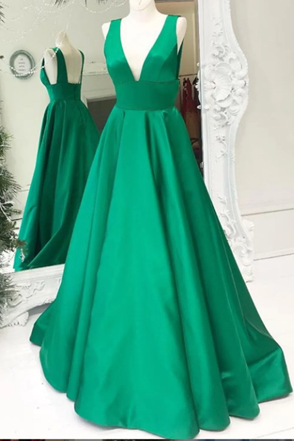 MACloth Straps V Neck Satin Long Prom Dress Red Formal Evening Gown