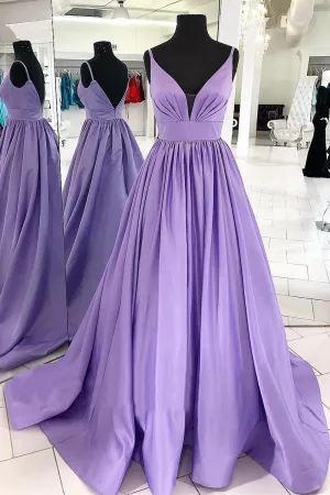 MACloth Straps V Neck Satin Maxi Prom Dress Lavender Formal Evening Gown