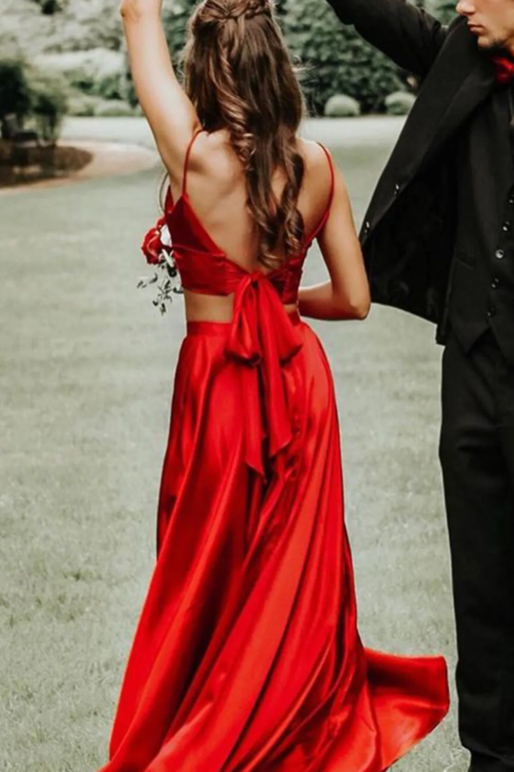MACloth Straps V neck Two Piece Royal Blue Prom Dress Formal Evening Gown